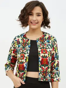 StyleStone Women Multi Cream Printed Moss Floral Open Shrug