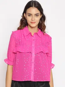 Oxolloxo Women Pink Regular Fit Self Design Casual Shirt