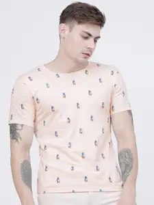 LOCOMOTIVE Men Pink Printed Cotton Round Neck T-shirt