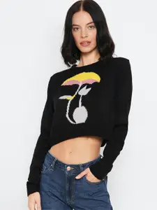FOREVER 21 Women Black Self Design Acrylic Pullover Sweater