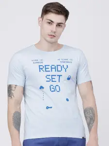 HIGHLANDER Men Blue Printed Round Neck Cotton T-shirt