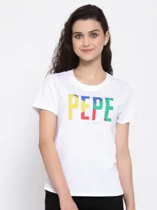 Pepe Jeans Women White Printed Round Neck Cotton Pure Cotton T-shirt