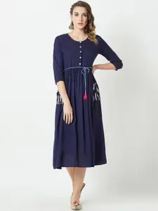 Miss Chase Women Navy Blue Solid Midi Buttoned Up Dress