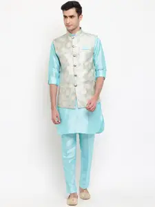 Aj DEZInES Men Turquoise Blue & Beige Straight Jacquard Kurta with Pyjamas & Nehru Jacket