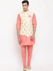 Aj DEZInES Men Peach-Coloured & Beige Straight Jacquard Kurta with Pyjamas & Nehru Jacket