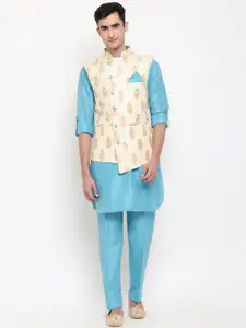 Aj DEZInES Men Turquoise Blue & Beige Straight Jacquard Kurta with Pyjamas & Nehru Jacket