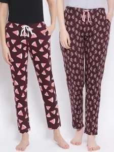 Kanvin Women Pack of 2 Burgundy Printed Pure Cotton Lounge Pants
