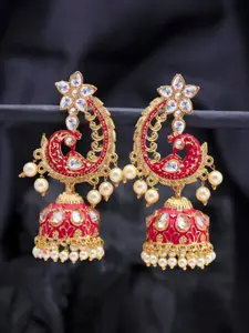 Sukkhi Gold-Toned & Pink Peacock Shaped Jhumkas