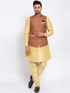 KLOTTHE Men Gold-Toned & Brown Layered Straight Kurta & Pyjamas With Nehru Jacket