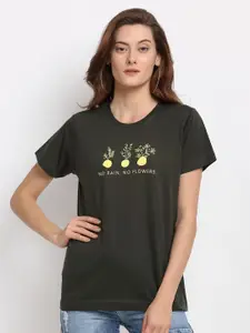 YOLOCLAN Women Green Printed Round Neck Pure Cotton T-shirt