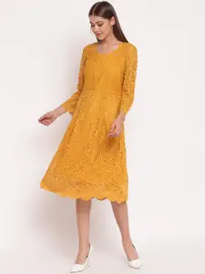 AKIMIA Women Mustard Yellow Self Design Scalloped Lace Fit & Flare Dress
