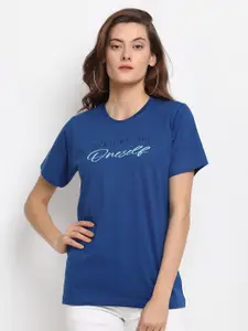 YOLOCLAN Women Blue Solid Round Neck Pure Cotton T-shirt