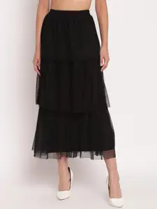 AKIMIA Black Flared Layered Midi Net Skirt