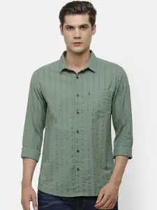Voi Jeans Men Green Slim Fit Self Design Casual Shirt