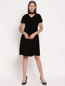 AKIMIA Women Black Solid Velvet Choker Neck Fit and Flare Dress