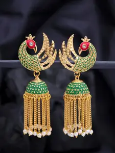 Sukkhi Gold-Toned & Green Peacock Shaped Jhumkas