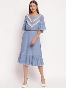 AKIMIA Blue Solid A-Line Pure Cotton Bell Sleeve Midi Dress