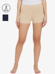 Soie Women Mid Rise Breathable Cotton Spandex Mid Thigh Length Cycling Shorts-Pack of 2