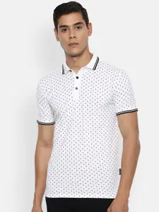V Dot Men White & Black Printed Polo Collar T-shirt