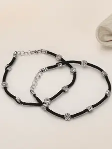 Adwitiya Collection Set of 2 Silver-Plated Black Thread Handcrafted Flower Anklets