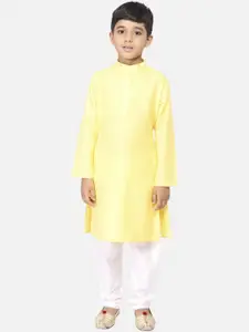 TABARD Boys Yellow & White Layered Straight Pure Cotton Kurta With Pyjamas & Nehru Jacket
