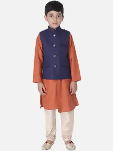 TABARD Boys Orange & Blue Kurta & Churidar With Nehru Jacket