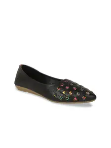 WOMENS BERRY Women Black Embellished Laser Cuts Sustainable Ballerinas Flats