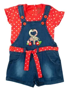 MeeMee Girls Red & Blue Dungarees With Printed  Top