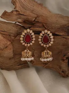Accessorize London Women Gold Red Ethnic Short Drop Jhumkas Earring
