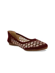 WOMENS BERRY Women Maroon Embellished Leather Sustainable Ballerinas Flats