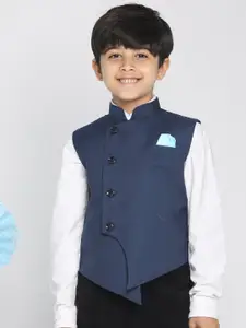 VASTRAMAY Boys Navy Blue Solid Slim-Fit Satin Nehru Jacket