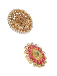 Zaveri Pearls Set Of 2 Gold-Plated Stone-Studded & Beaded Adjustable Finger Rings