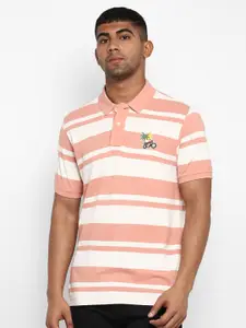 Royal Enfield Men Pink & White Striped Polo Collar T-shirt