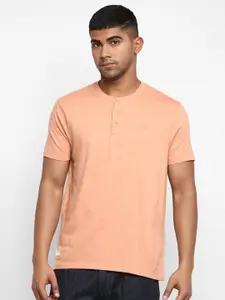 Royal Enfield Men Peach-Coloured Solid Henley Neck T-shirt