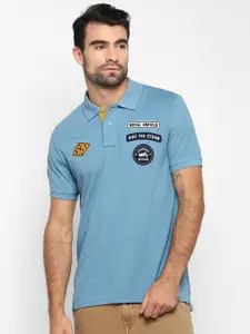 Royal Enfield Men Blue Solid Polo Collar T-shirt with Applique Detail