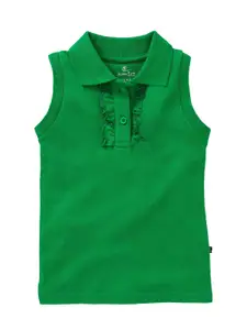KiddoPanti Girls Green Solid Polo Collar T-shirt