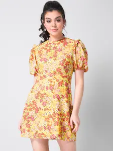 FabAlley Yellow Floral Georgette A-Line Mini Dress