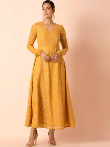 INDYA Yellow Ethnic Motifs Georgette Maxi Dress
