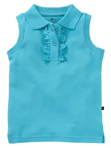KiddoPanti Girls Blue Solid Polo Collar T-shirt