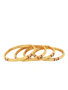 Adwitiya Collection Set Of 4 24K Gold-Plated Red & Green Stone-Studded Handcrafted Bangles