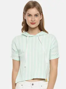 Campus Sutra Sea Green & White Striped Regular Hooded Crop Cotton Top