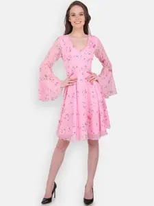 MARC LOUIS Pink Floral Chiffon Fit and Flare Dress