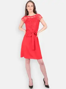 MARC LOUIS Red Crepe A-Line Lace Dress