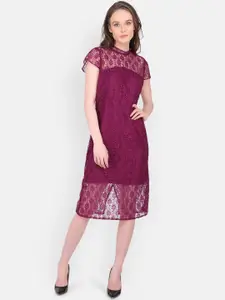 MARC LOUIS Purple Shirred Lace Sheath Midi Dress
