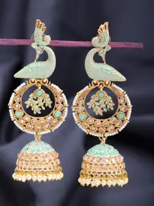 Sukkhi Sea Green Gold-Plated Beaded Meenakari Peacock Shaped Jhumkas
