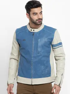 Royal Enfield Men White Blue Colourblocked Moto Sport Riding Leather Jacket