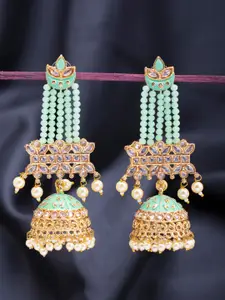 Sukkhi Sea Green Gold-Plated Kundan Studded & Beaded Meenakari Dome Shaped Jhumkas