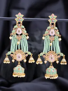 Sukkhi Sea Green Gold-Plated Kundan Studded & Beaded Meenakari Dome Shaped Jhumkas