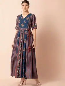 INDYA Navy Blue & Brown Floral Angrakha Maxi Dress