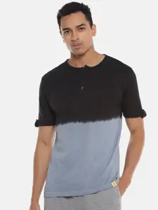 Campus Sutra Men Grey & Blue Colourblocked Henley Neck Cotton T-shirt